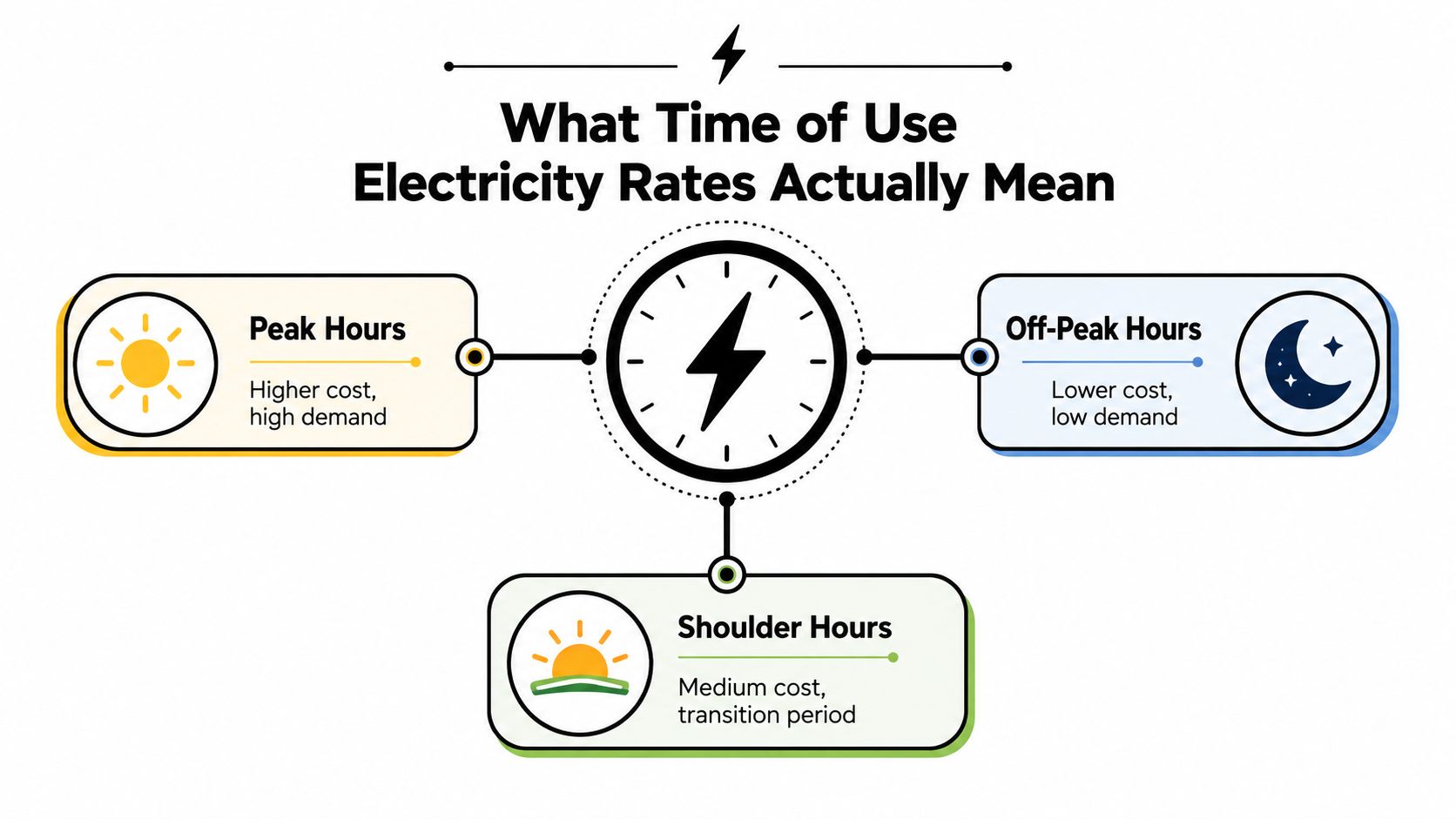 An infographic explaining the concept of time of use electricity rates with peak, off-peak, and shoulder hours.