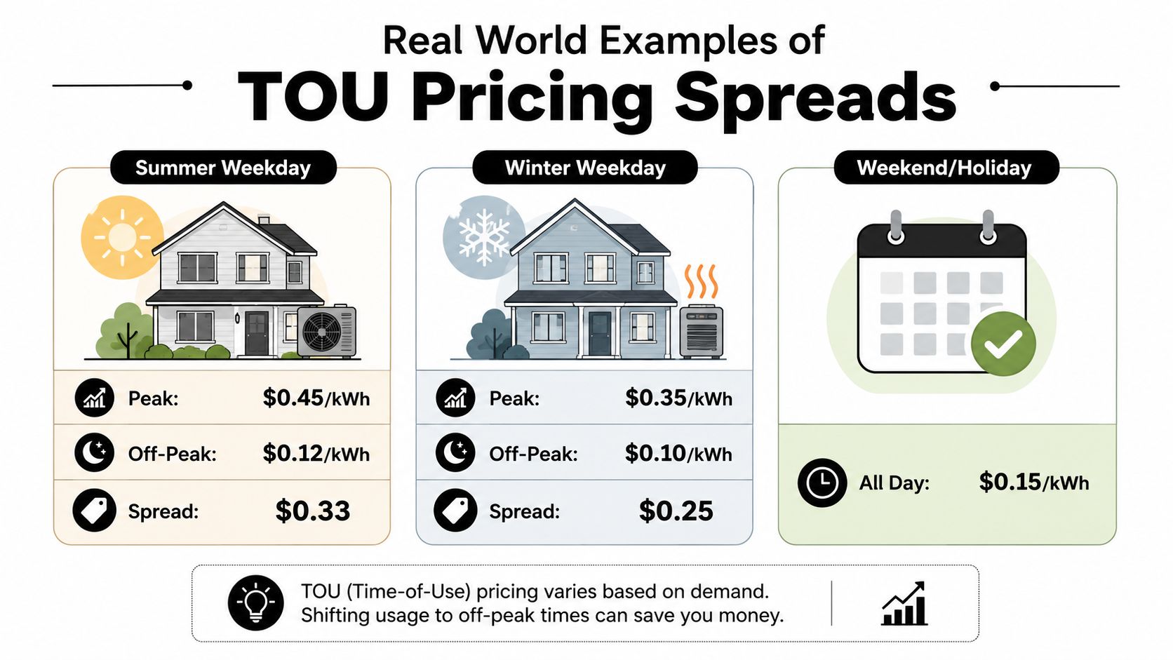 A chart showing time-of-use electricity pricing examples for summer weekdays, winter weekdays, and weekends with various rates.
