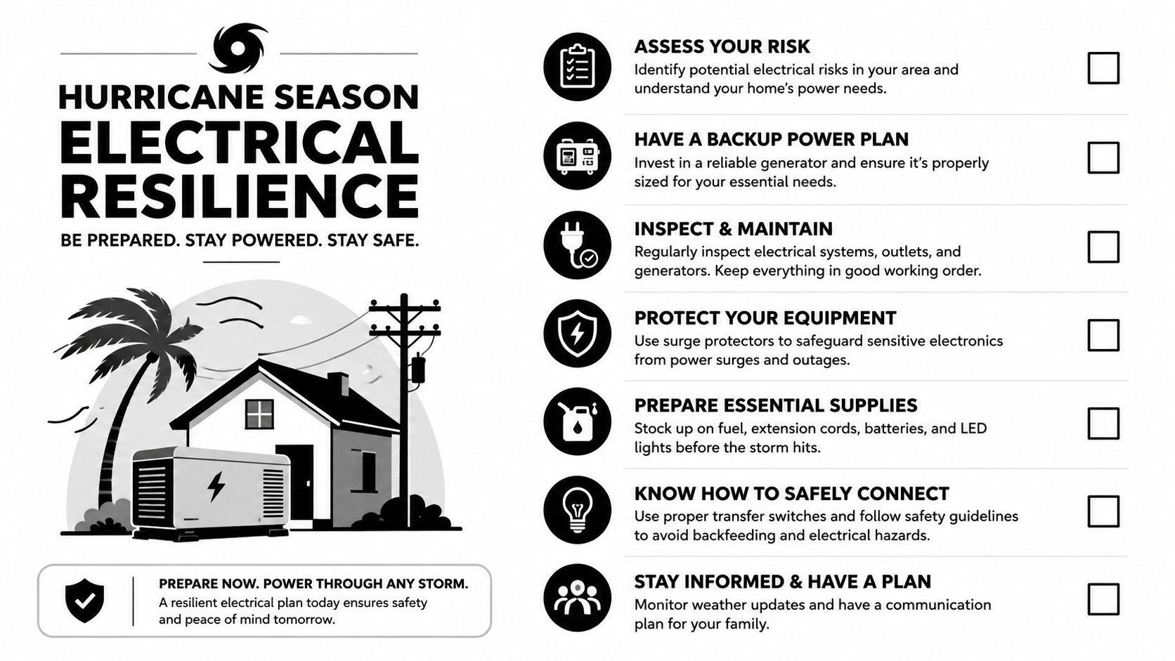 A checklist infographic titled Hurricane Season Electrical Resilience providing safety tips for home power preparedness during storms.