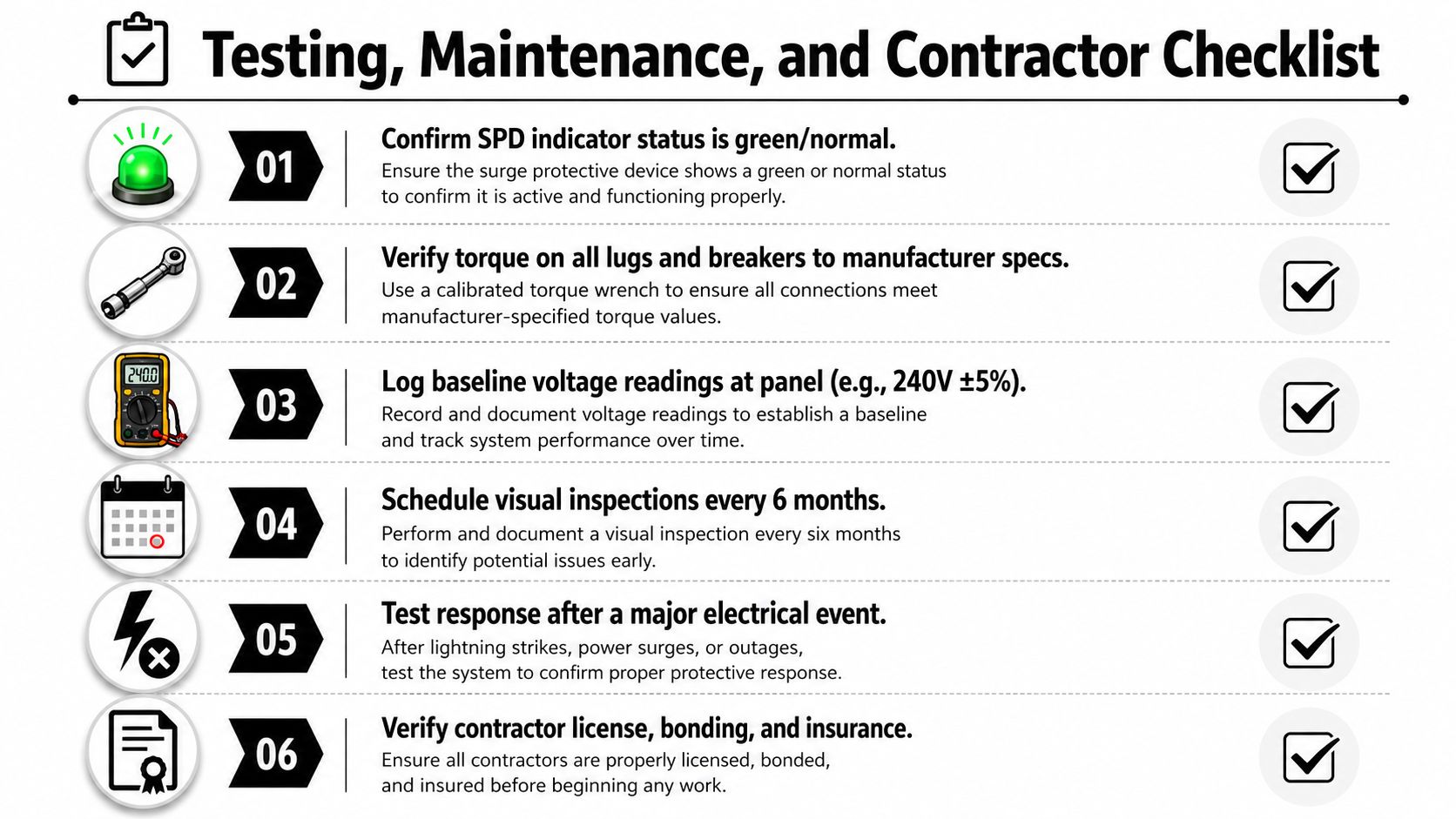 A professional checklist for testing, maintenance, and contractor requirements for home surge protection systems.
