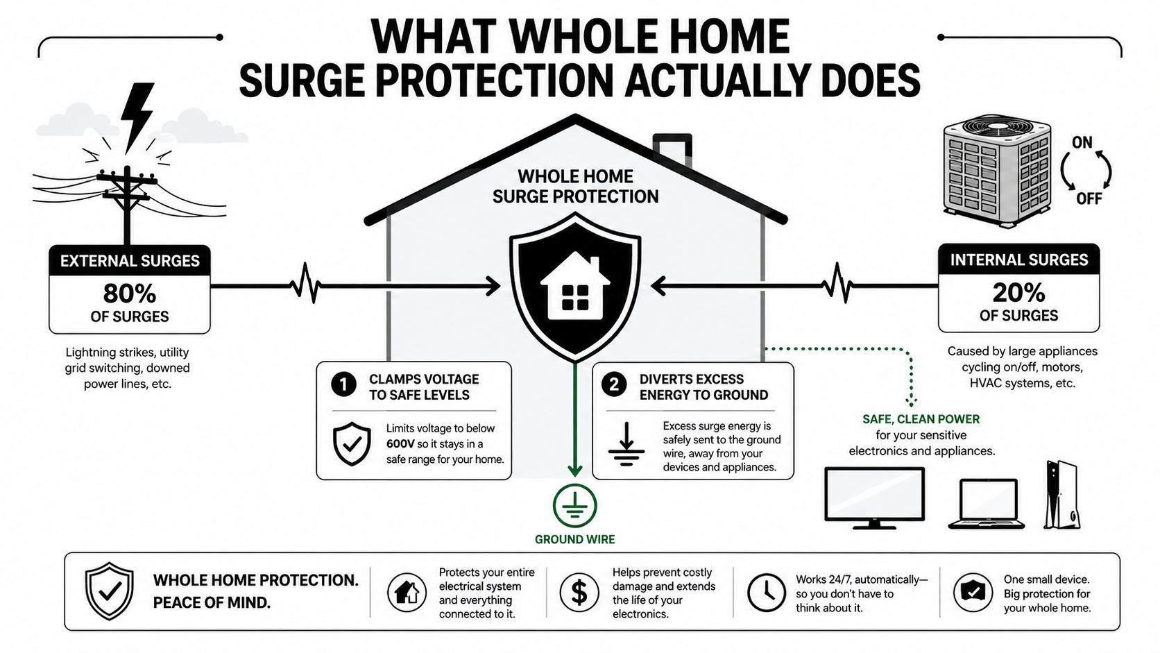 An infographic explaining how whole home surge protection works by clamping voltage and diverting excess energy to ground.