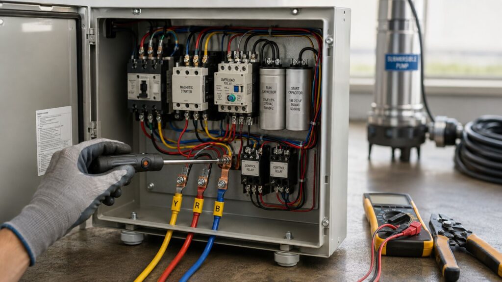 wiring control box for submersible pump electrical maintenance Wiring Control Box for Submersible Pump Guide A wiring control box for submersible pump job goes smoother when you treat it like a sequence, not a puzzle. The right box must match the motor's voltage and horsepower, the wiring method changes between 2-wire and 3-wire pumps, and the field checks matter just as much as the terminal labels. wiring control box for submersible pump electrical maintenance Wiring Control Box for Submersible Pump Guide A wiring control box for submersible pump job goes smoother when you treat it like a sequence, not a puzzle. The right box must match the motor's voltage and horsepower, the wiring method changes between 2-wire and 3-wire pumps, and the field checks matter just as much as the terminal labels.