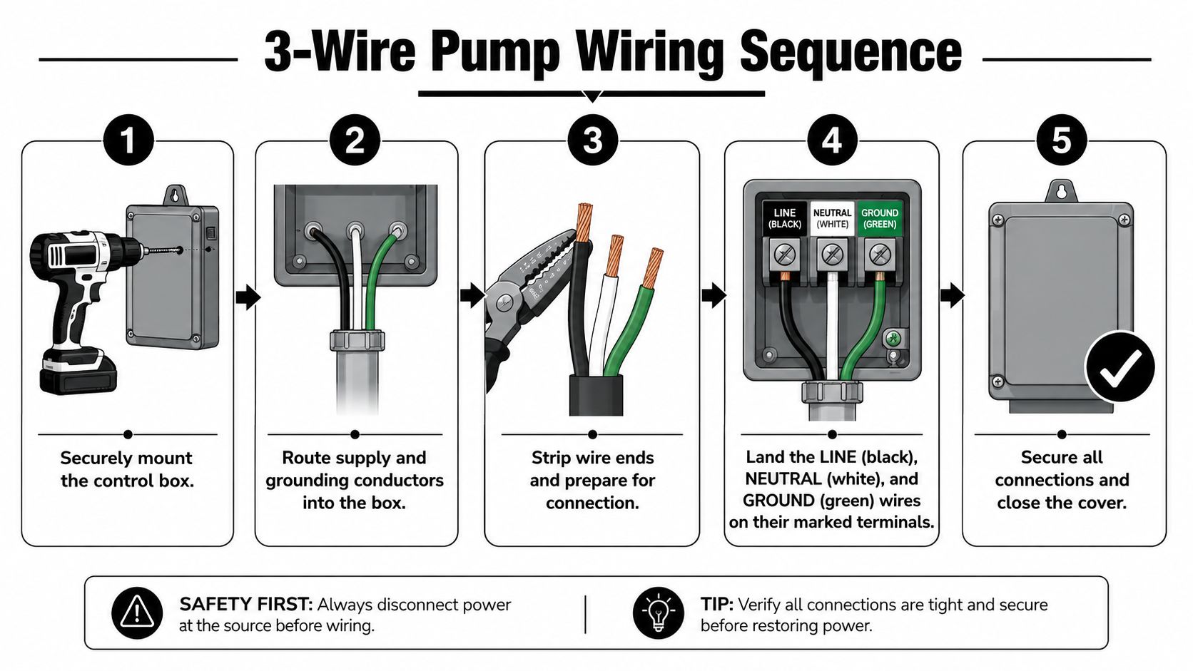 wiring control box for submersible pump pump wiring Wiring Control Box for Submersible Pump Guide A wiring control box for submersible pump job goes smoother when you treat it like a sequence, not a puzzle. The right box must match the motor's voltage and horsepower, the wiring method changes between 2-wire and 3-wire pumps, and the field checks matter just as much as the terminal labels. A 5-step visual guide illustrating the proper sequence for wiring a submersible pump control box safely.