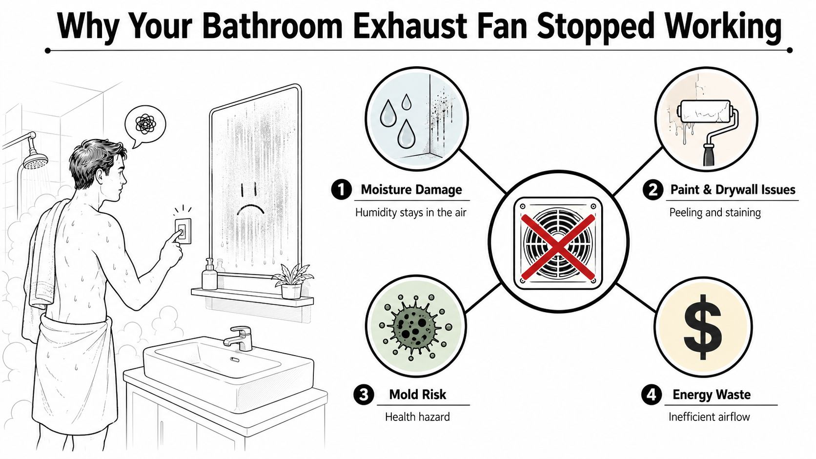 A man in a towel turning on a broken bathroom exhaust fan, showing consequences like moisture, mold, and damage.