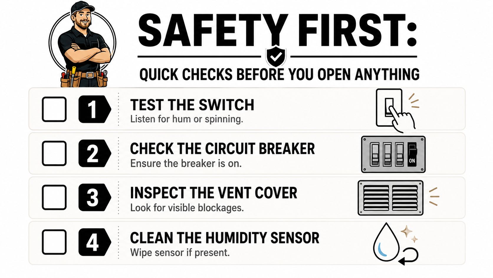 A safety guide illustrating four quick checks to perform when a bathroom exhaust fan is not working.