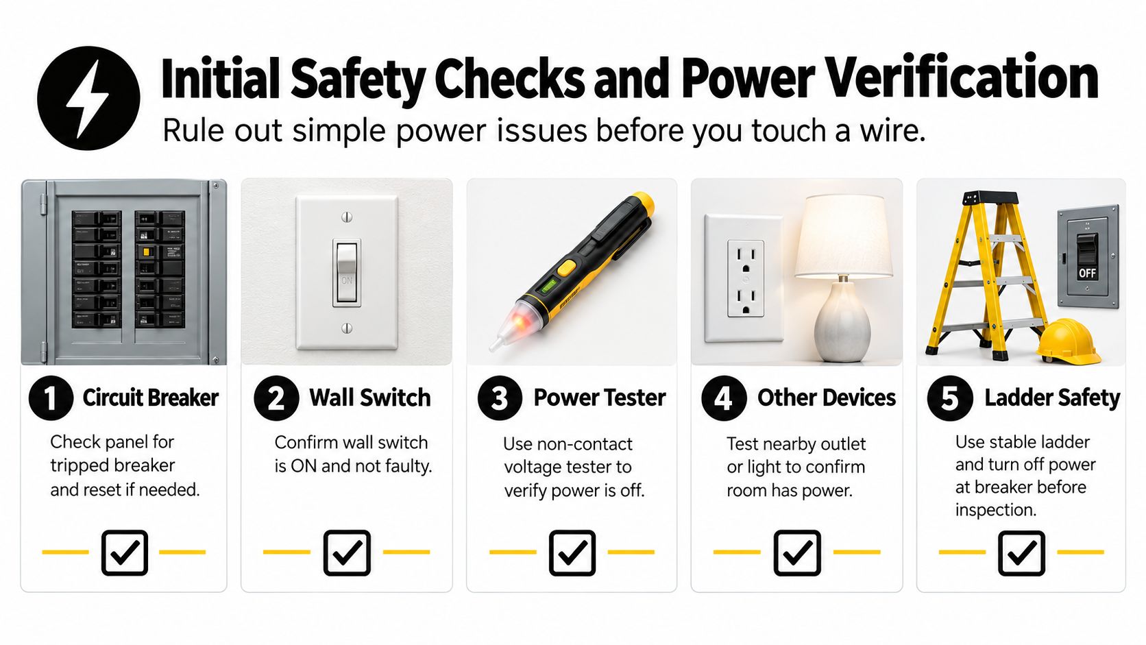 An infographic showing five safety checks for electrical work, including circuit breakers, wall switches, and power testers.