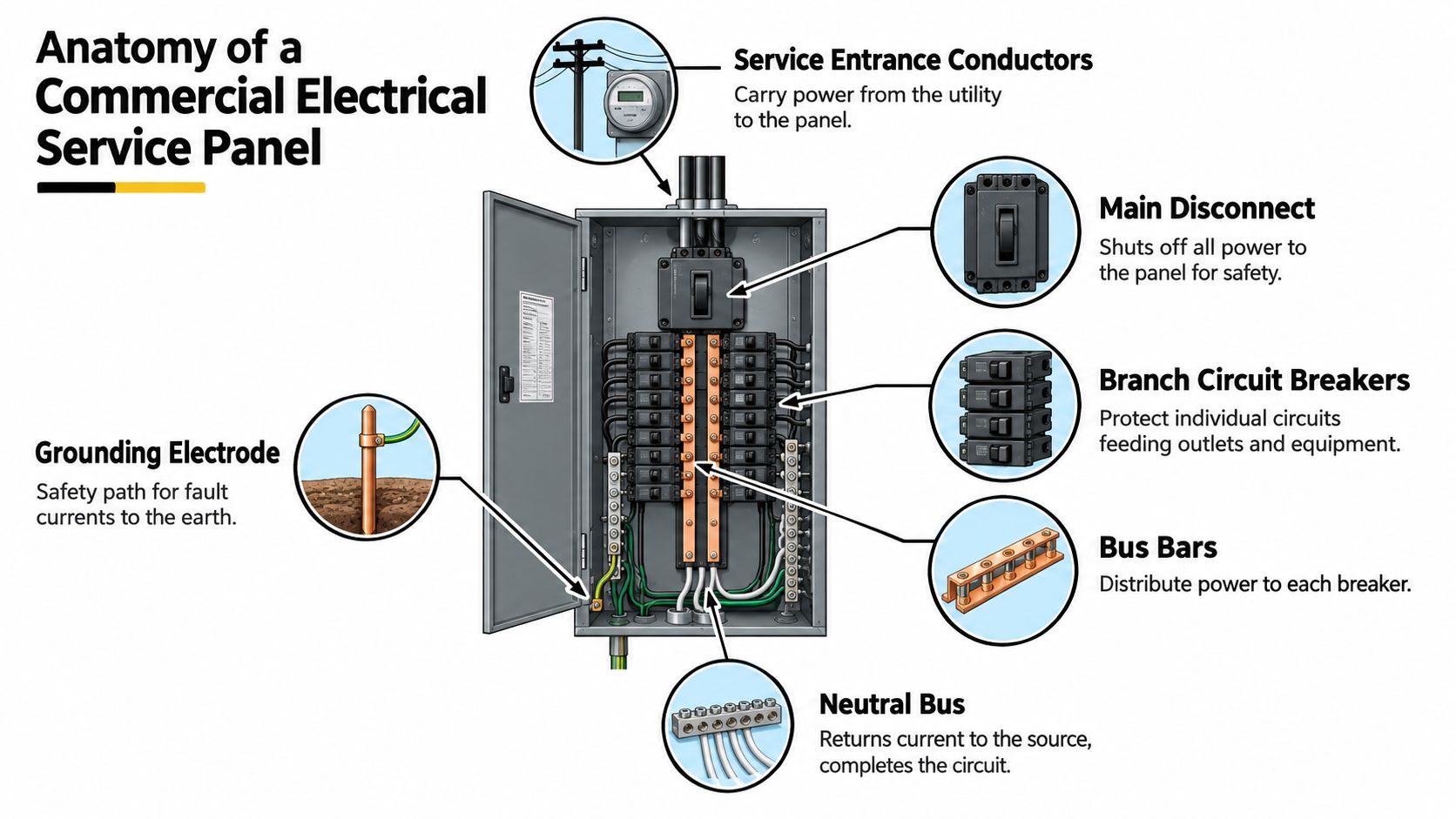 commercial electrical service panel electrical diagram Commercial Electrical Service Panel: A 2026 Guide A commercial electrical service panel is more than a metal enclosure filled with breakers. It controls how safely a building receives power, distributes it, adds future loads, and demonstrates compliance. The right question isn't only whether the panel has enough amperage. You also need to ask whether its ratings, labels, fault-current information, arc-flash documentation, and physical condition support the building you operate today and the loads you plan to add next. A diagram illustrating the anatomy of a commercial electrical service panel with labeled components and their functions.