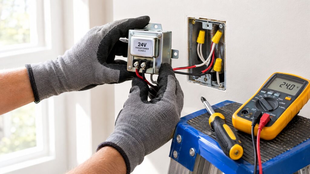 doorbell transformer replacement electrician work Doorbell Transformer Replacement: A Safe Homeowner's Guide Doorbell transformer replacement is more than a low-voltage hardware swap. The transformer has a low-voltage secondary side for the chime and doorbell, plus a concealed 120V primary side connected to household power. You need to identify both sides, select voltage and VA capacity for the equipment in place, and confirm that the junction box, wiring, grounding, and access meet local requirements. doorbell transformer replacement electrician work Doorbell Transformer Replacement: A Safe Homeowner's Guide Doorbell transformer replacement is more than a low-voltage hardware swap. The transformer has a low-voltage secondary side for the chime and doorbell, plus a concealed 120V primary side connected to household power. You need to identify both sides, select voltage and VA capacity for the equipment in place, and confirm that the junction box, wiring, grounding, and access meet local requirements.