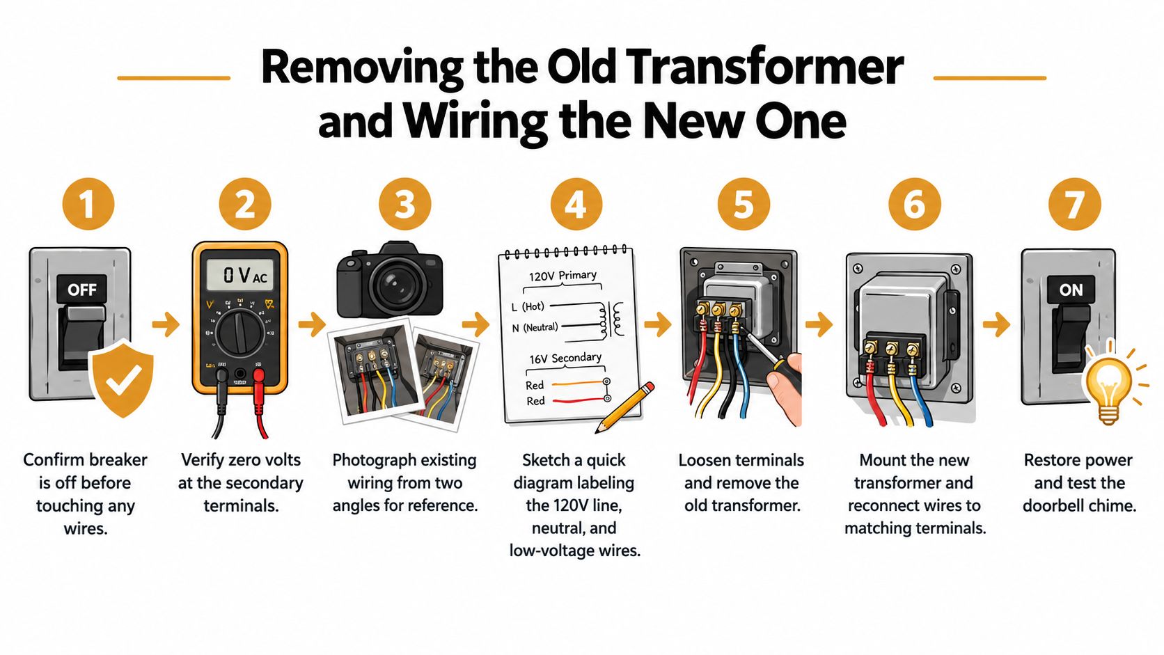 A seven-step instructional infographic showing how to safely replace a doorbell transformer and wire a new one.