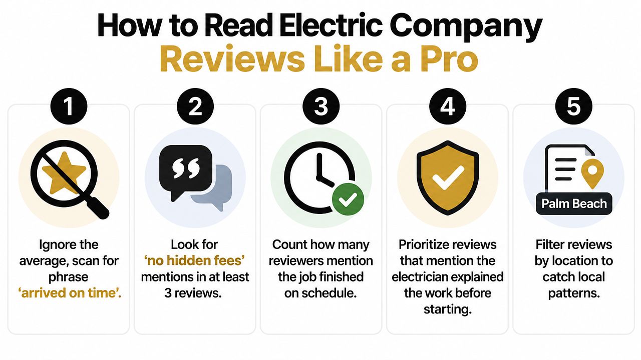 An infographic showing five steps for effectively reading electric company customer reviews like a professional.