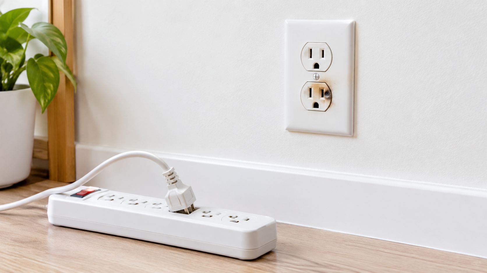 A damaged, charred electrical wall outlet with a power strip placed on the floor underneath.