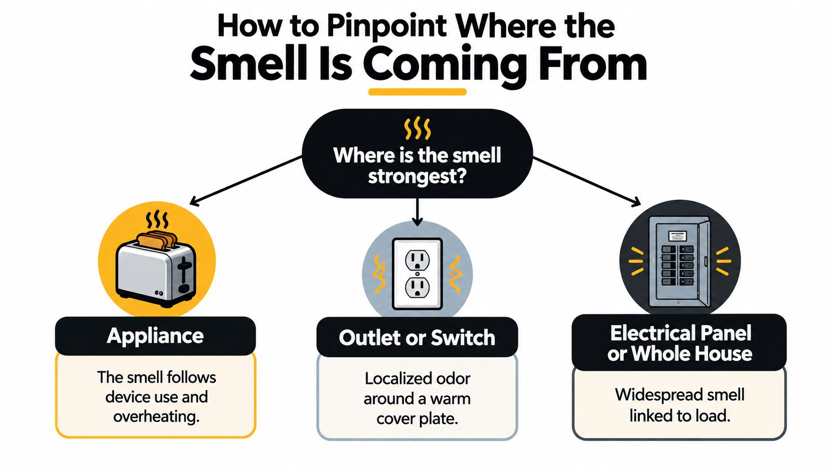 An infographic flowchart guiding how to identify the source of an electrical burning smell in a home.
