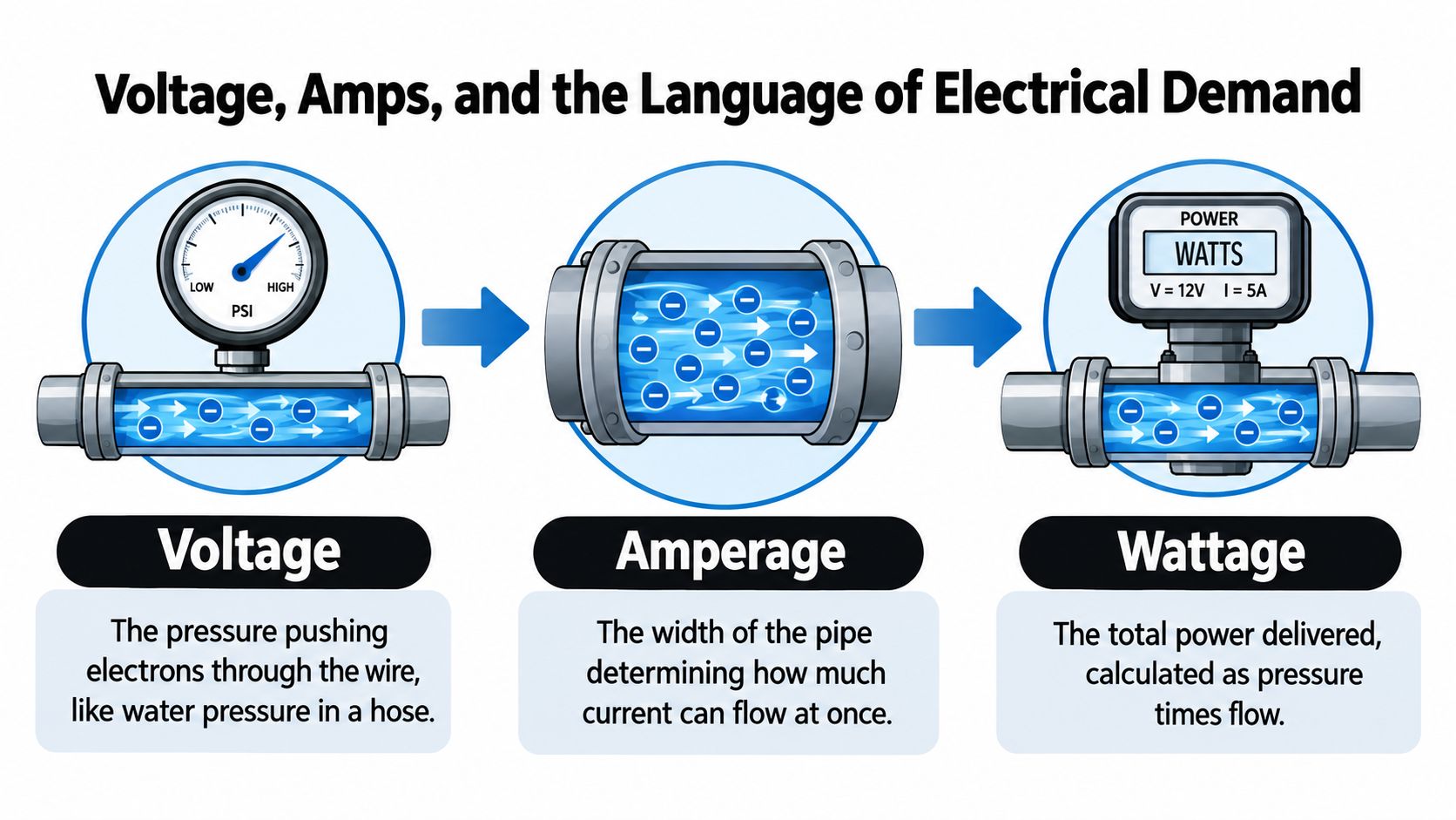 An infographic explaining the concepts of voltage, amperage, and wattage using a water pipe analogy.