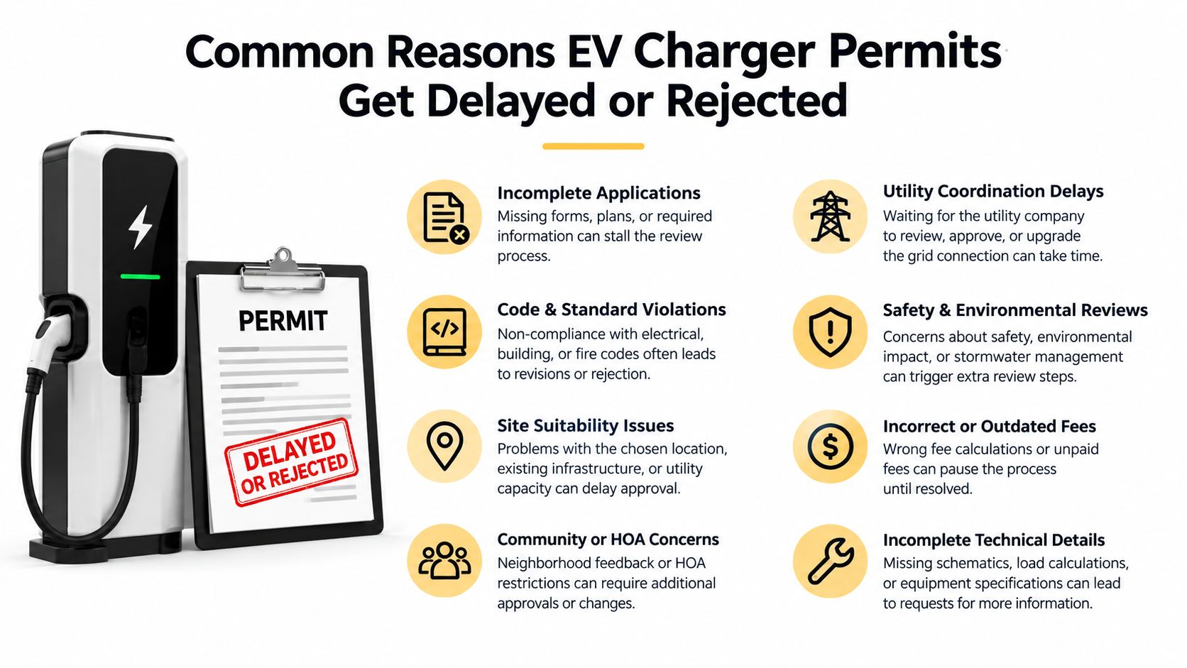 A graphic showing an electric vehicle charger next to a permit clipboard labeled as delayed or rejected.