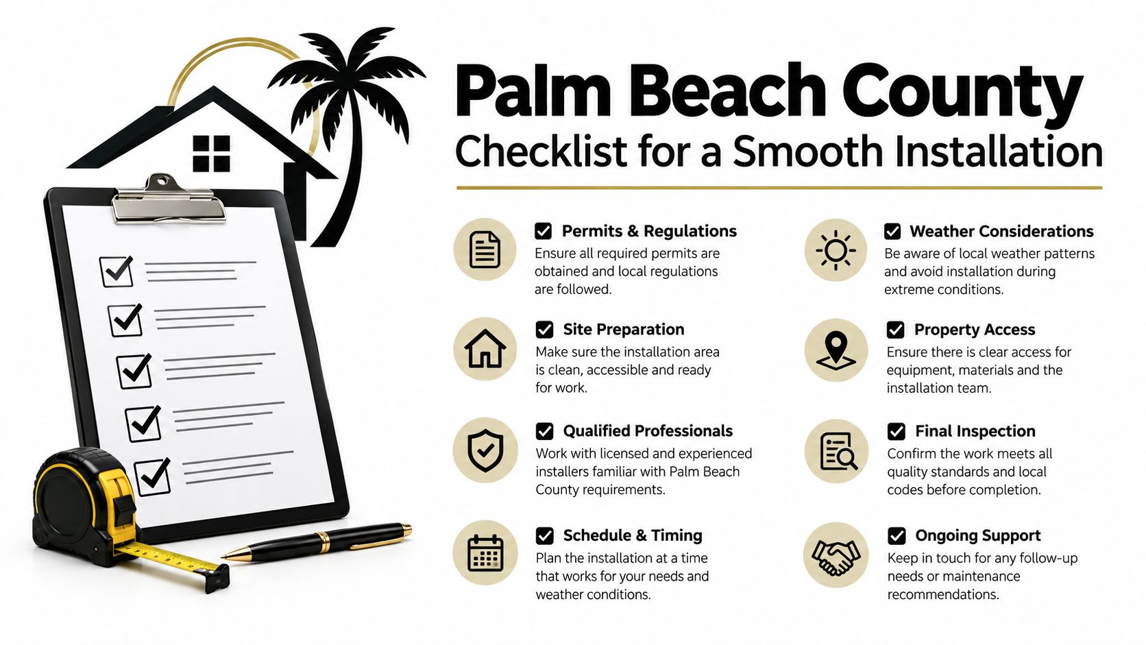 A checklist infographic titled Palm Beach County Checklist for a Smooth Installation with eight key steps.