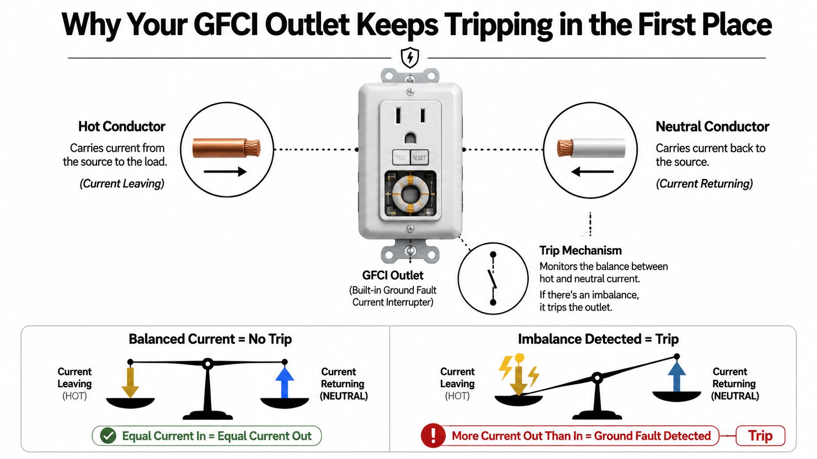 An infographic explaining how a GFCI outlet works and why it trips due to current imbalances.