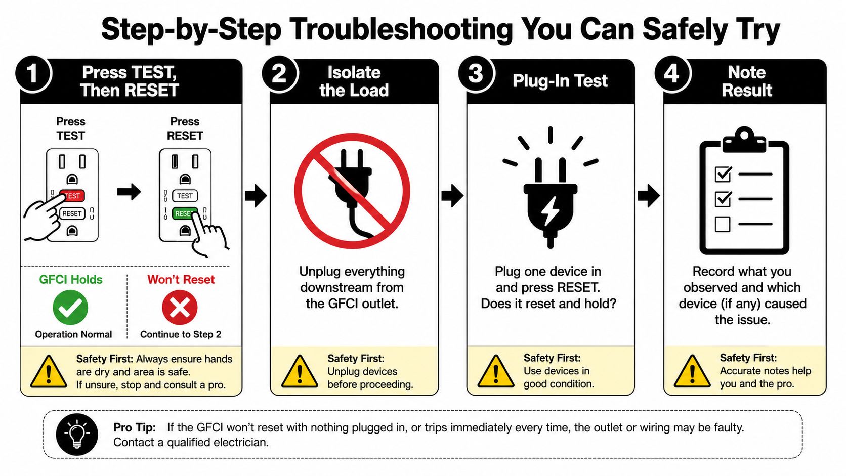 A four-step infographic illustrating how to safely troubleshoot a GFCI outlet that keeps tripping.