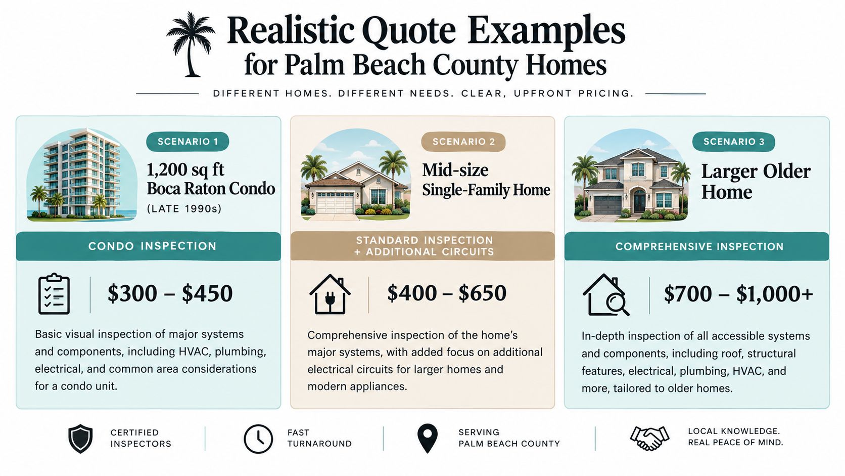 A price guide infographic showing home inspection cost examples for different property types in Palm Beach County.