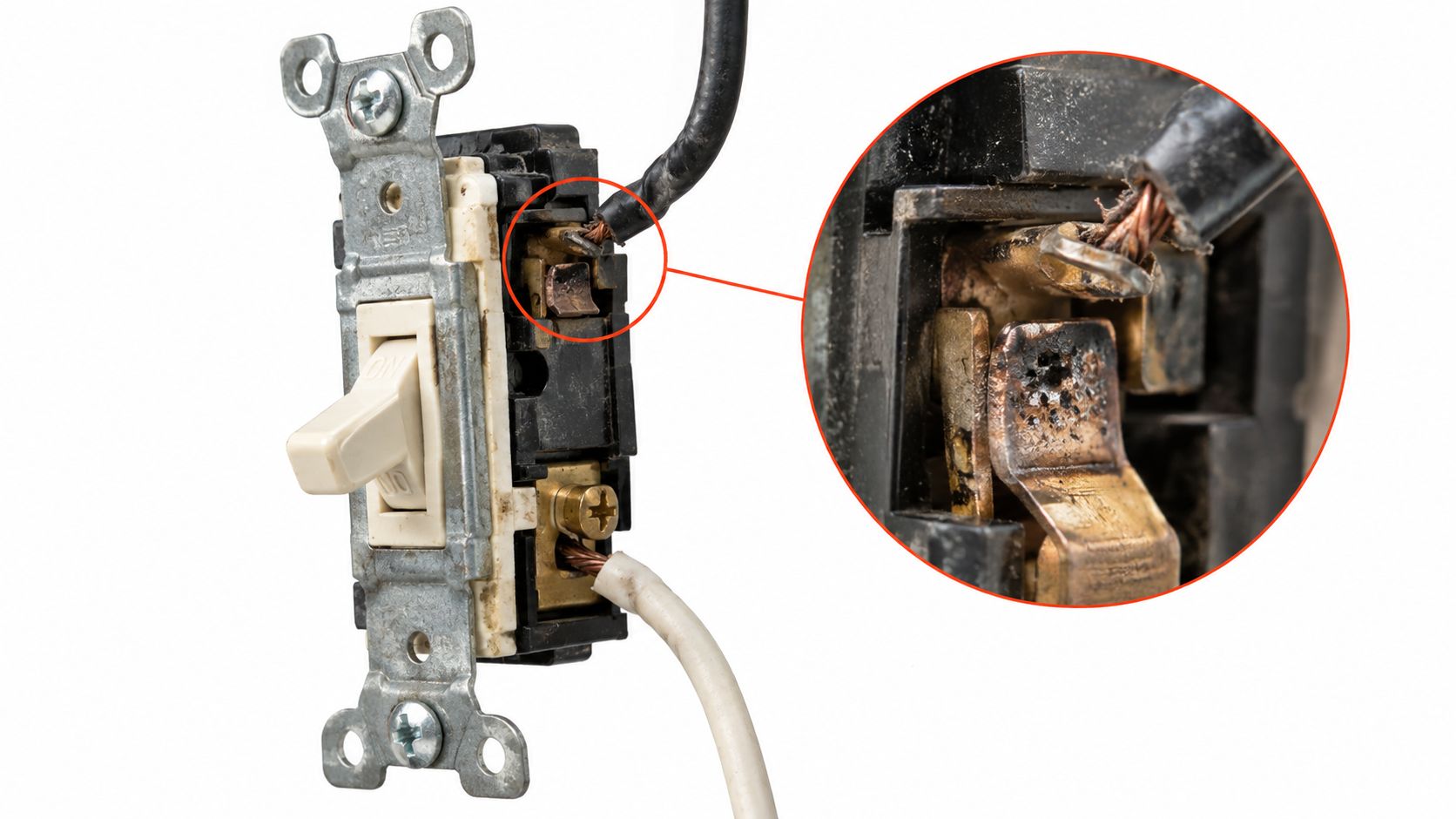 light switch not working burnt terminal Light Switch Not Working How to Fix It Safely You flip the wall switch, hear the click, and still get darkness. The bulb may have failed, but so might the fixture, breaker, GFCI, AFCI, wiring, or switch itself. In Palm Beach County homes, especially those with shared circuits or multi-way lighting, replacing the switch first can leave the actual fault untouched. A close-up view of a damaged, burnt electrical light switch terminal showing signs of overheating and failure.