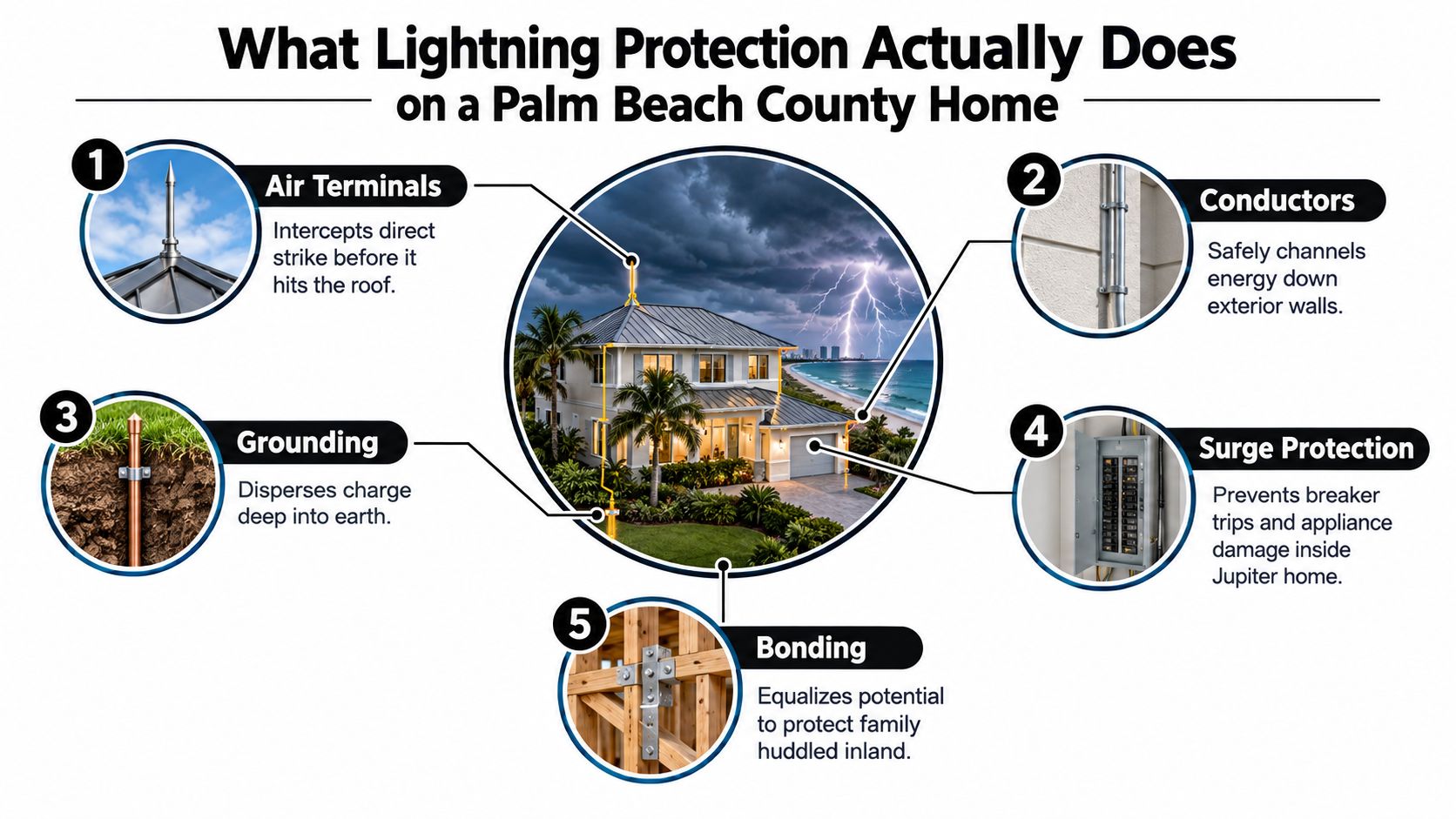 A diagram illustrating the five essential components of a home lightning protection system on a house.