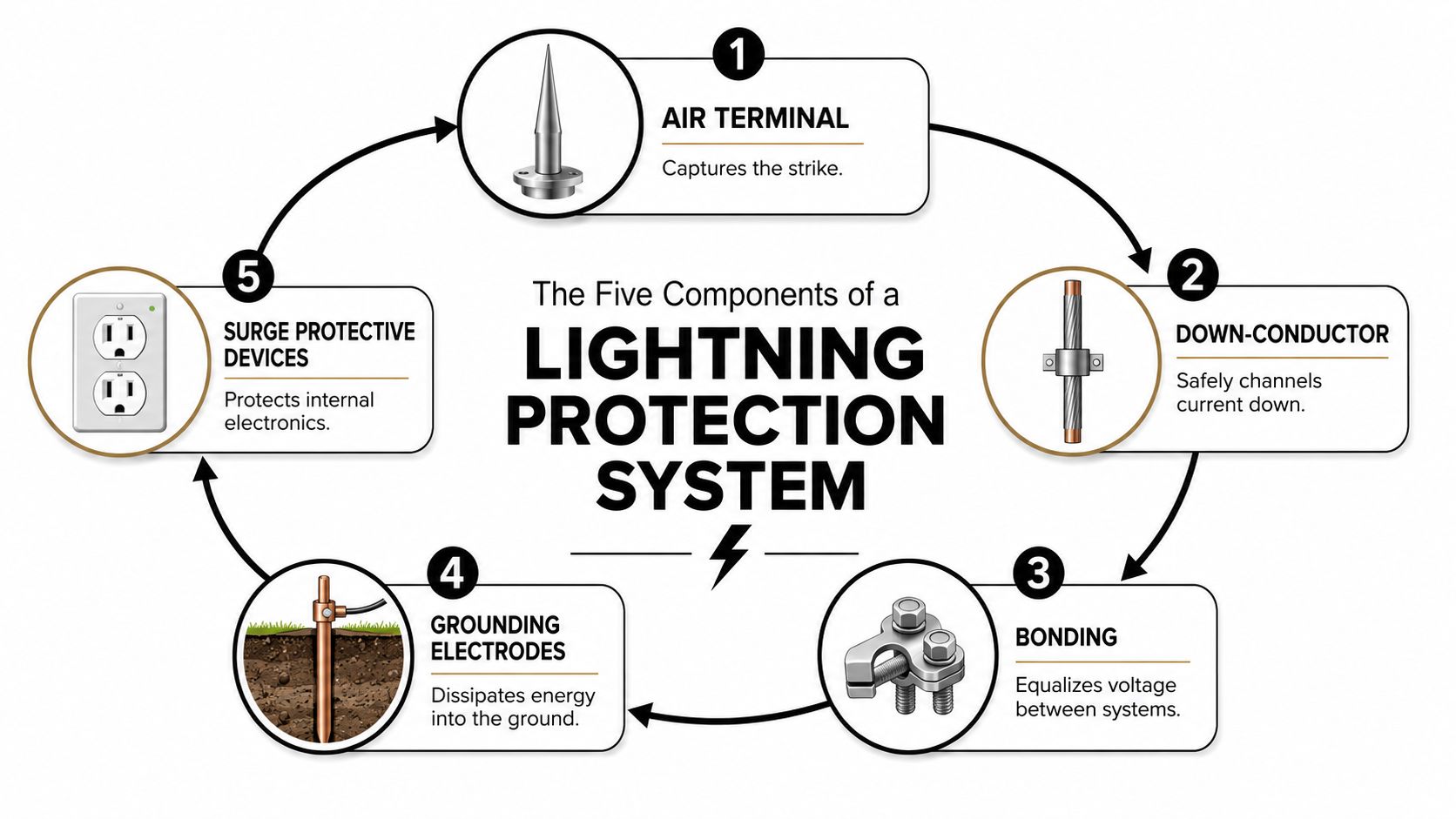 lightning protection for buildings lightning protection Lightning Protection for Buildings: A Practical Guide Lightning protection for buildings works when the owner treats it as coordinated infrastructure. The decision involves the building's use, construction, location, insurer expectations, governing standard, internal electronics, and maintenance records. A rod on the highest point may intercept a strike, but it won't automatically protect wiring, equipment, tenants, or business operations. A circular diagram illustrating the five essential components of a building lightning protection system.