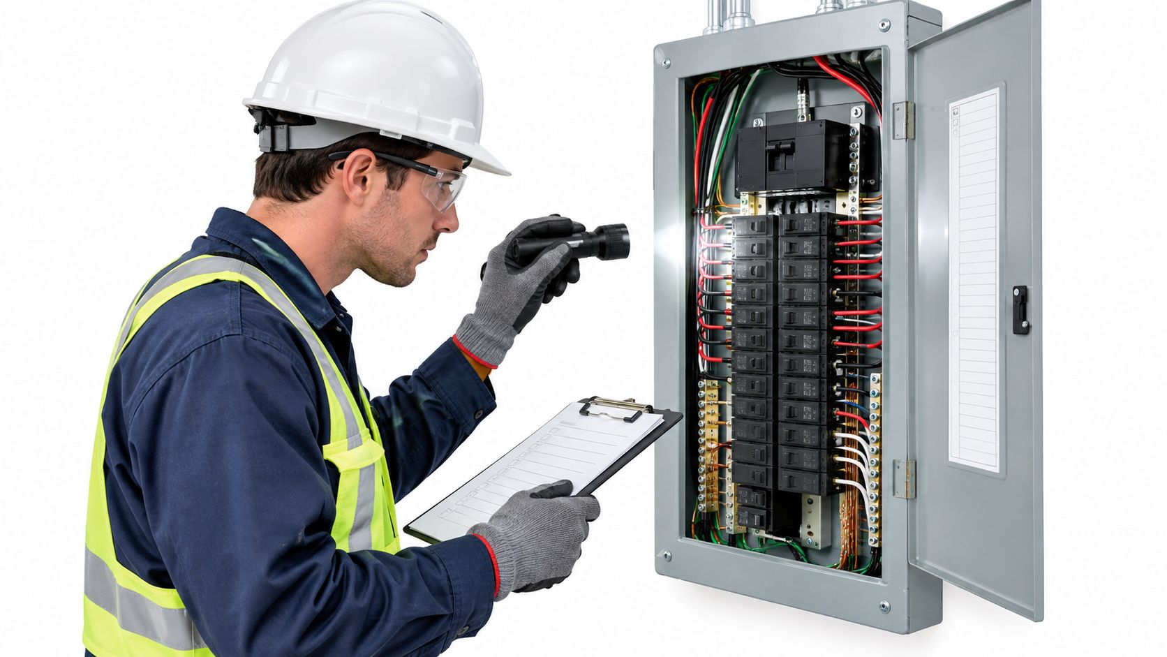 An electrician in safety gear inspecting an open electrical service panel with a flashlight and clipboard.