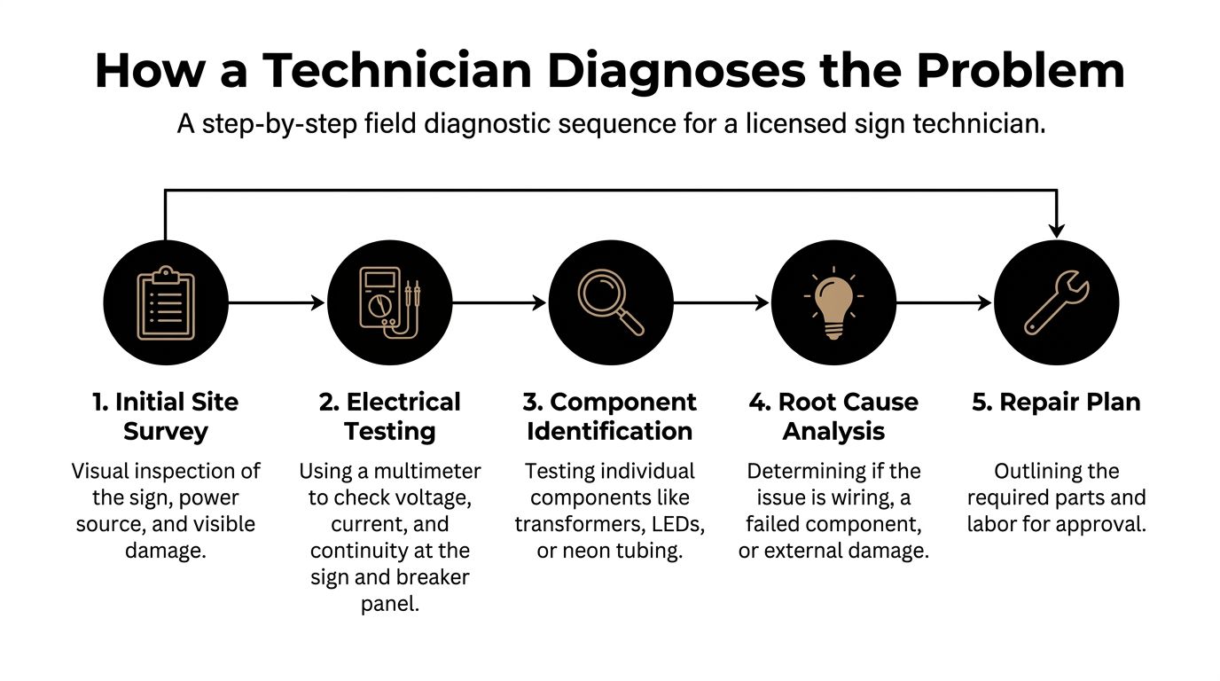 A flowchart showing five steps for a licensed technician to diagnose and repair sign lighting issues.