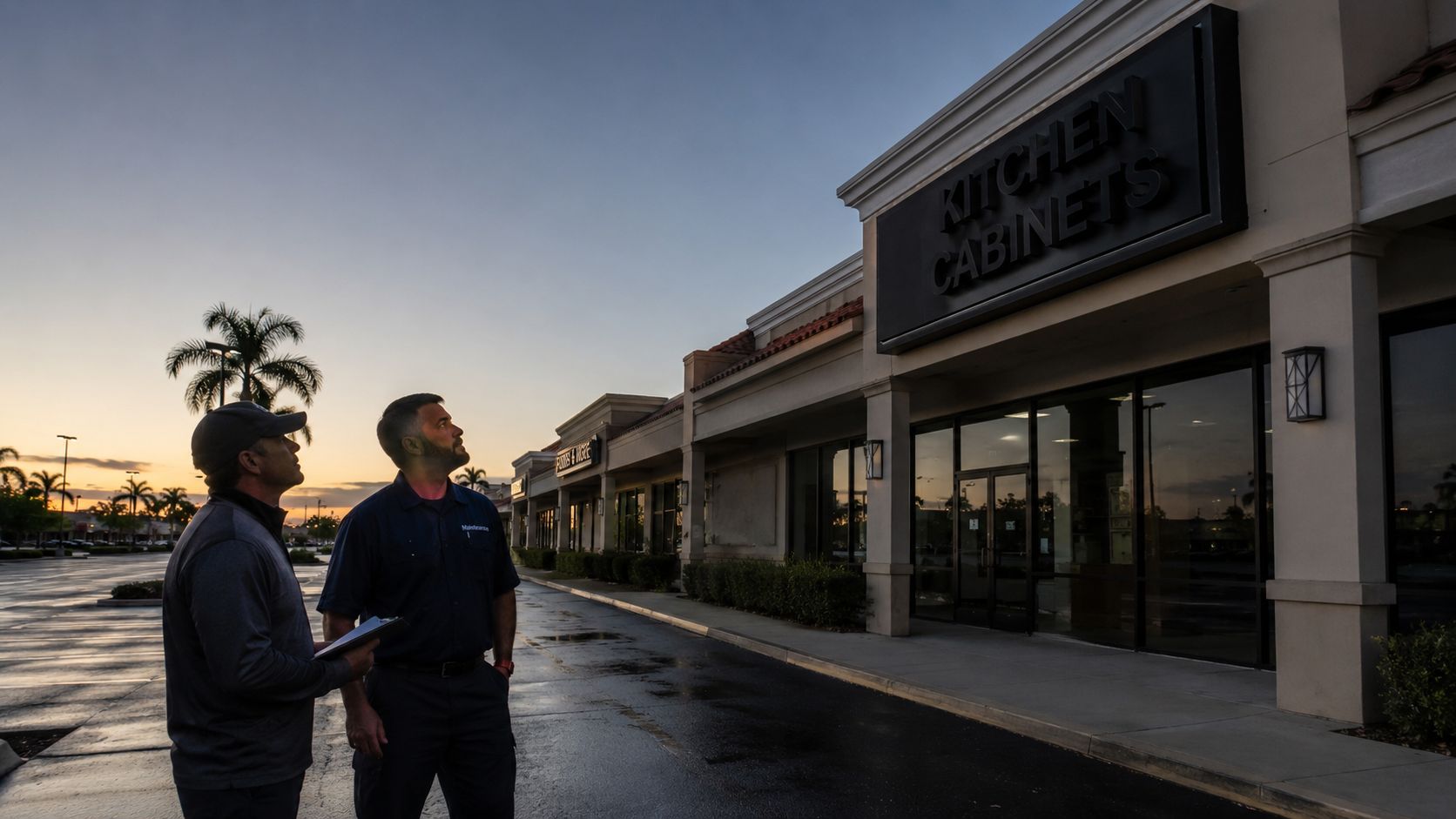 Two maintenance professionals standing in front of a commercial storefront inspecting the exterior sign lighting at dusk.
