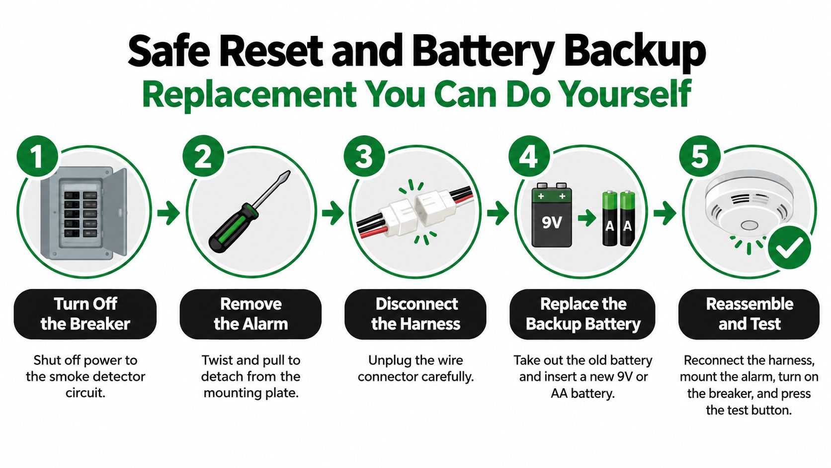 A five-step guide on how to replace the battery and reset a hardwired smoke detector system safely.