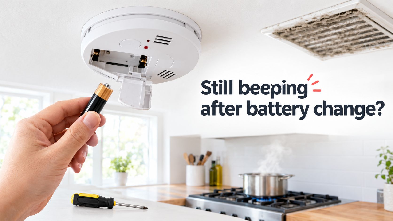 A hand holding a battery near a smoke detector ceiling mount in a kitchen setting.