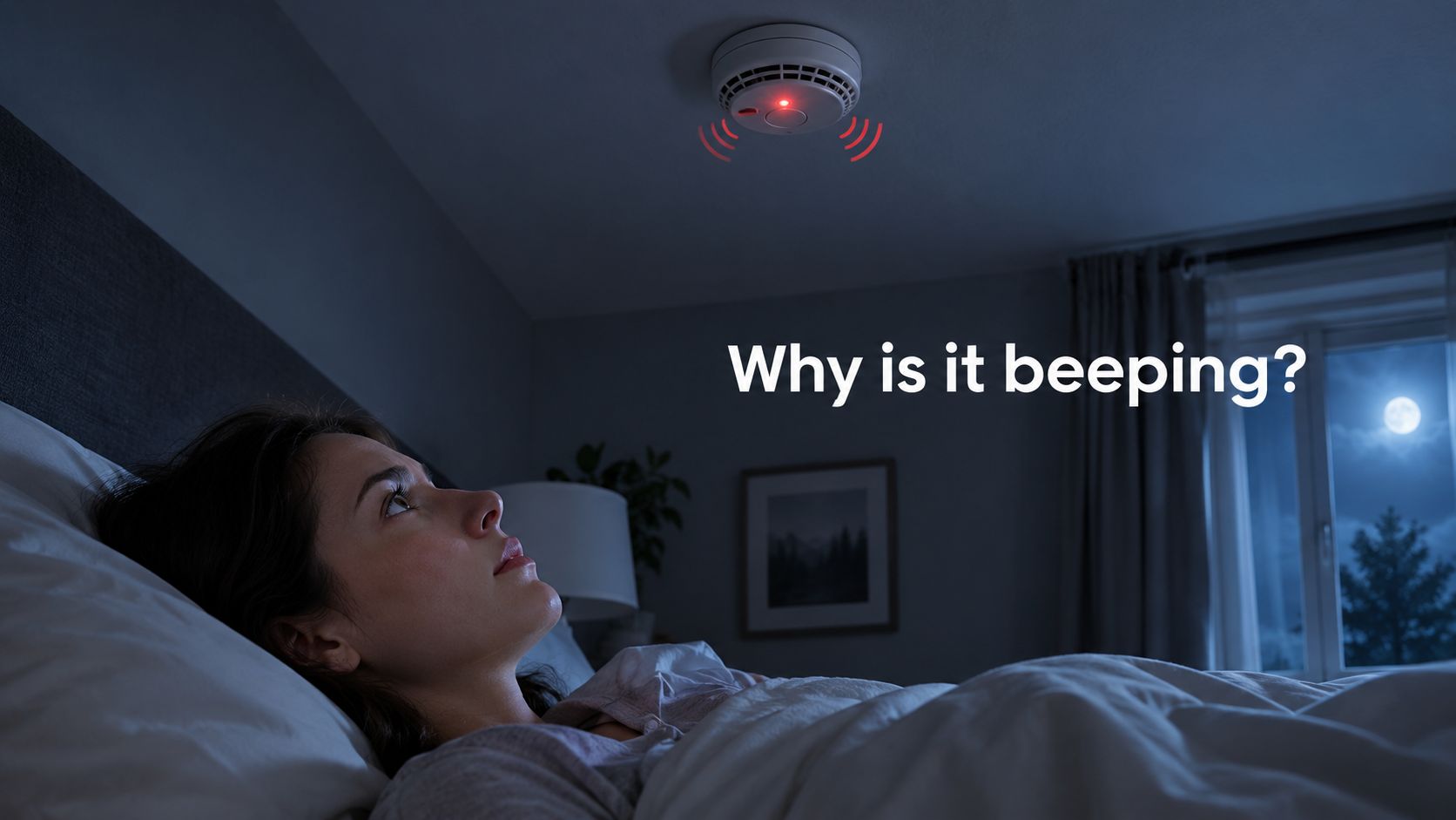 A woman lying in bed at night looking up at a beeping smoke detector on the ceiling.