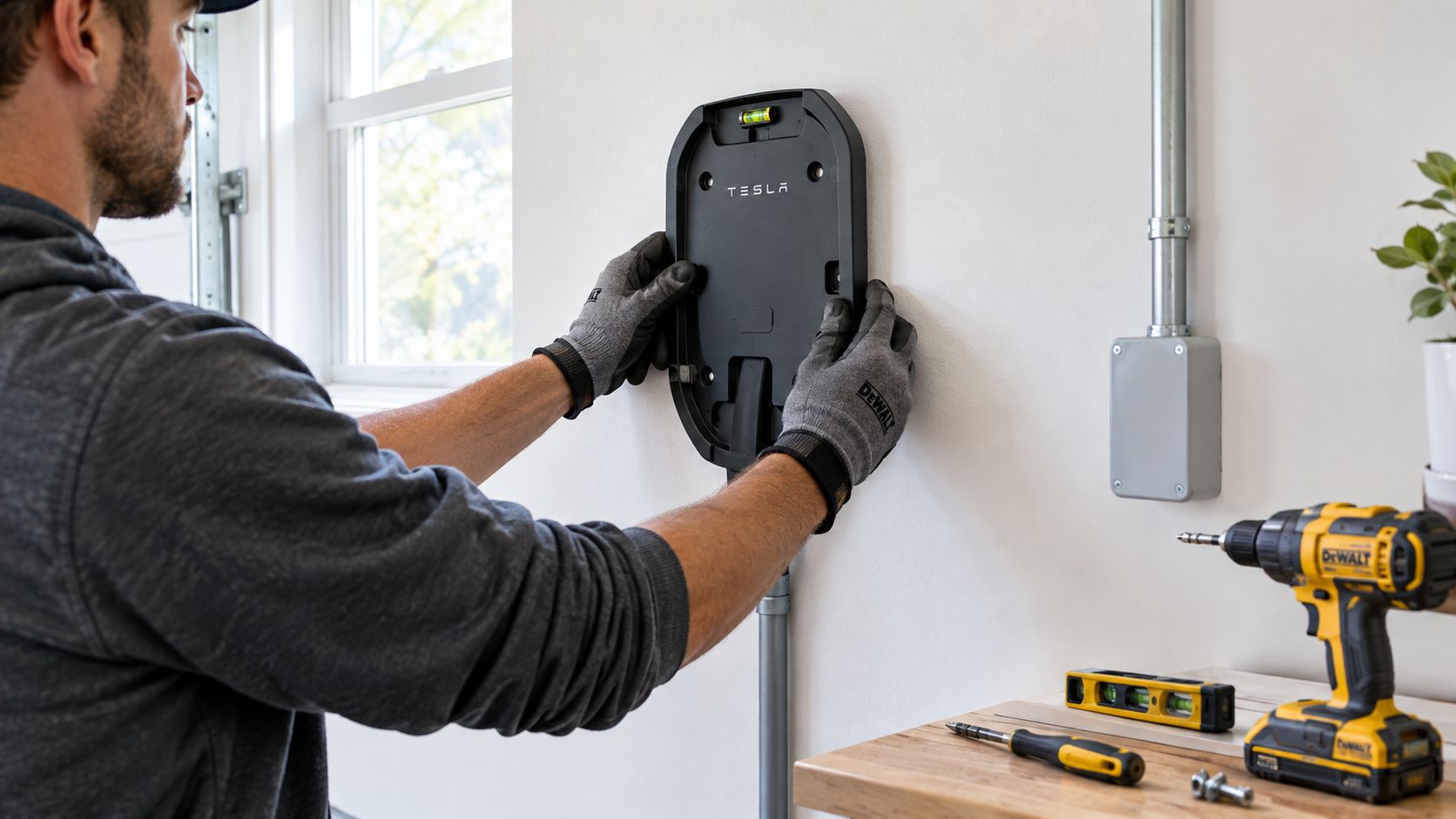 A professional electrician wearing gloves installing a black Tesla wall charger onto a white interior garage wall.