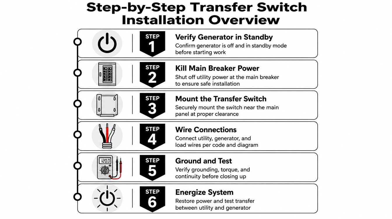 A step-by-step infographic illustrating the installation process for a home transfer switch from standby to activation.