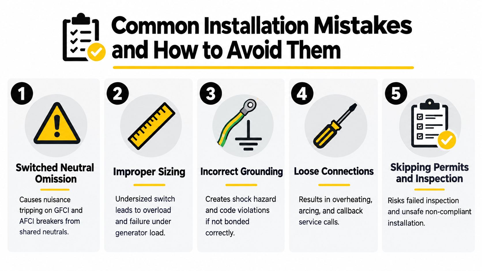 An infographic listing five common electrical installation mistakes including neutral errors, improper sizing, and inspection issues.