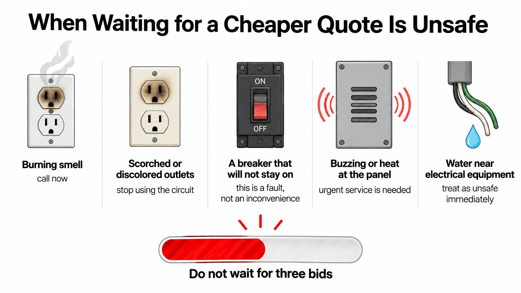 An infographic showing five dangerous electrical warning signs that require immediate professional attention instead of waiting for quotes.