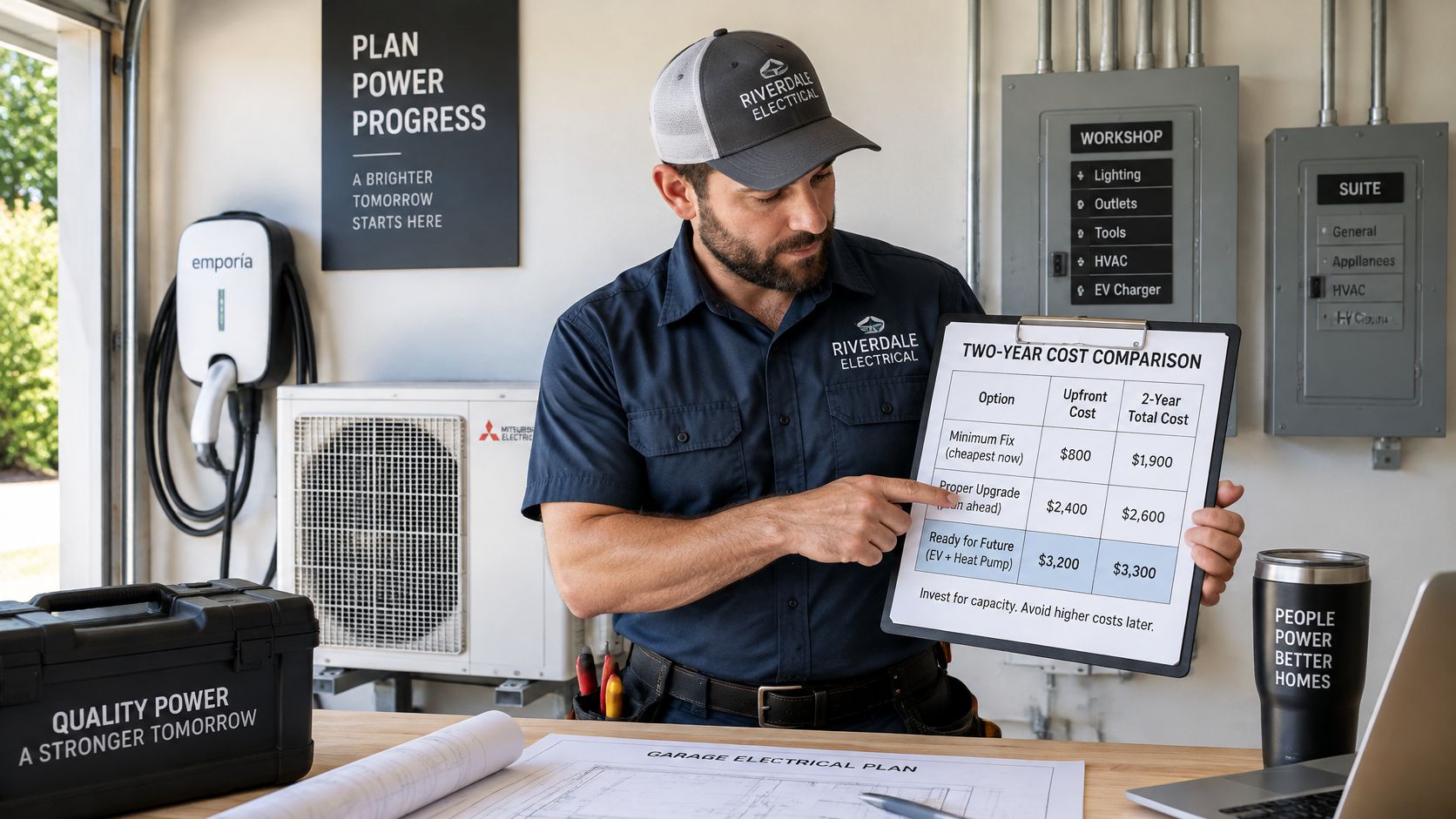 A professional electrician pointing at a cost comparison clipboard while planning electrical work in a home garage.