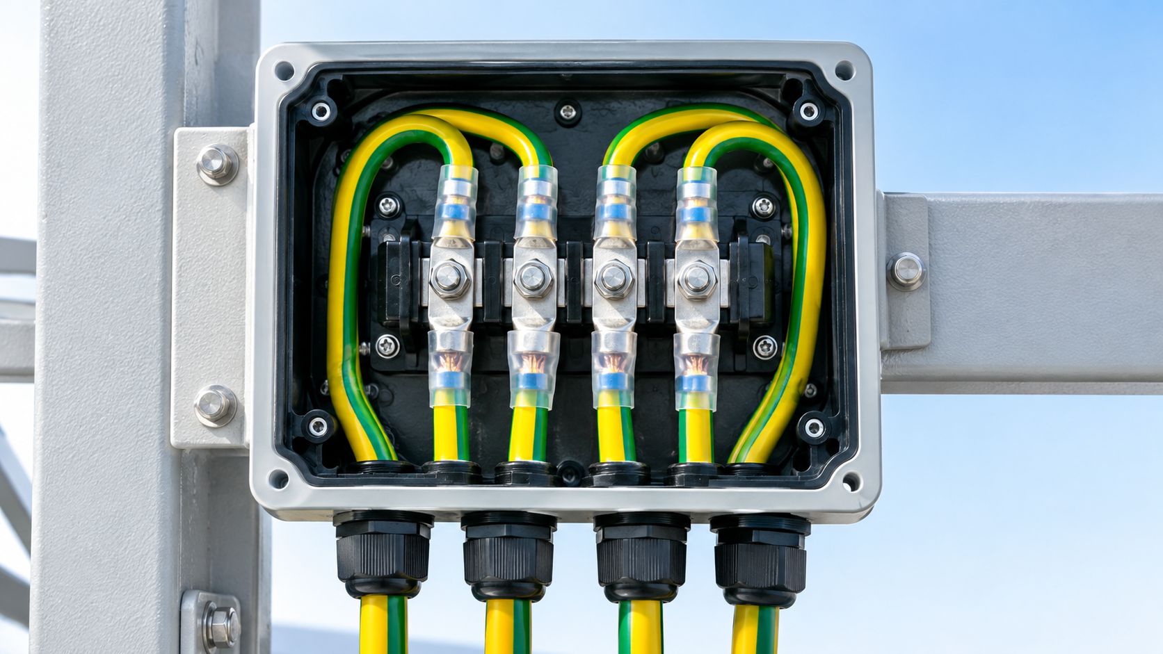 An open electrical junction box showing green and yellow grounding wires connected to a central terminal block.