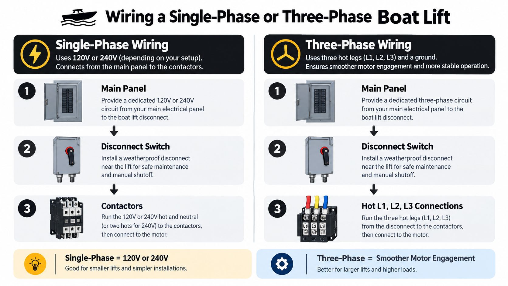 An instructional diagram comparing the wiring steps for single-phase and three-phase boat lift electrical systems.