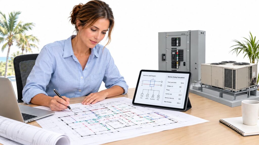 commercial electrical service size calculator electrical engineer How to Use a Commercial Electrical Service Size Calculator A property owner enters a few details into a commercial electrical service size calculator and gets a result that seems far too small for a busy retail space, or far larger than expected. The number may be mathematically consistent with the information entered and still be a poor basis for an upgrade decision. The difference comes down to what the calculator includes, what it assumes, and whether the result reflects how the building will operate. commercial electrical service size calculator electrical engineer How to Use a Commercial Electrical Service Size Calculator A property owner enters a few details into a commercial electrical service size calculator and gets a result that seems far too small for a busy retail space, or far larger than expected. The number may be mathematically consistent with the information entered and still be a poor basis for an upgrade decision. The difference comes down to what the calculator includes, what it assumes, and whether the result reflects how the building will operate.