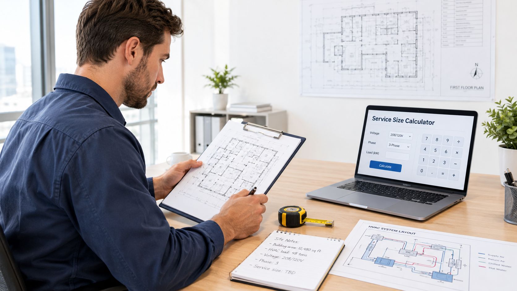 commercial electrical service size calculator engineer planning How to Use a Commercial Electrical Service Size Calculator A property owner enters a few details into a commercial electrical service size calculator and gets a result that seems far too small for a busy retail space, or far larger than expected. The number may be mathematically consistent with the information entered and still be a poor basis for an upgrade decision. The difference comes down to what the calculator includes, what it assumes, and whether the result reflects how the building will operate. A professional engineer reviewing floor plans while using a digital service size calculator on his laptop.