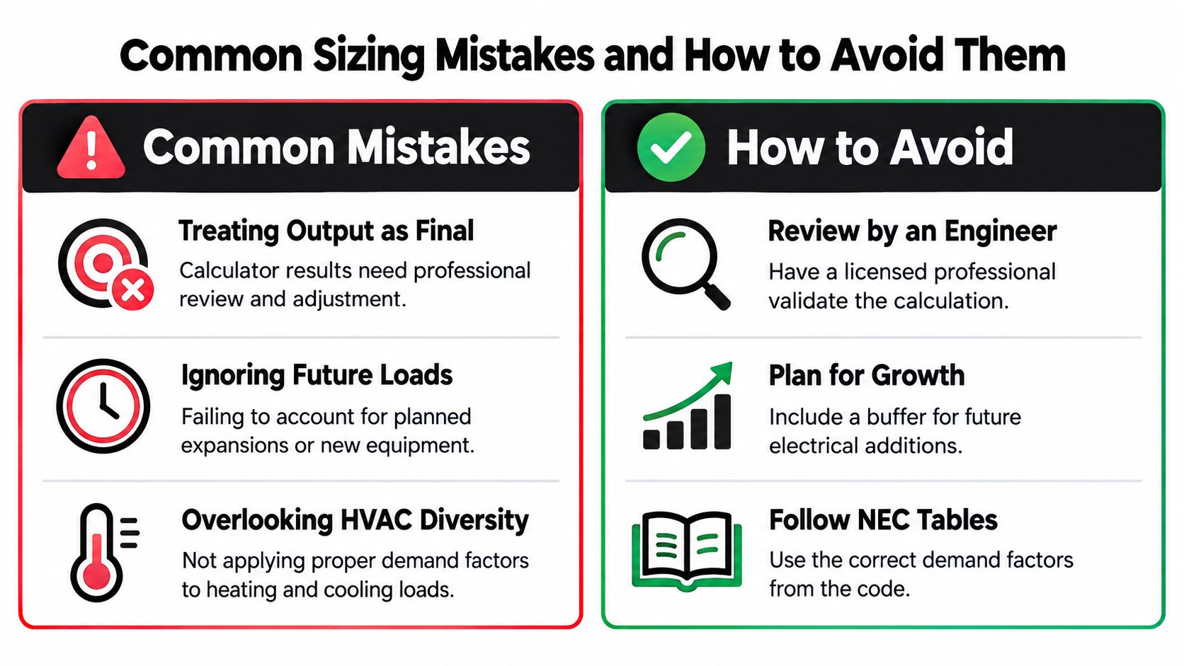 commercial electrical service size calculator sizing mistakes How to Use a Commercial Electrical Service Size Calculator A property owner enters a few details into a commercial electrical service size calculator and gets a result that seems far too small for a busy retail space, or far larger than expected. The number may be mathematically consistent with the information entered and still be a poor basis for an upgrade decision. The difference comes down to what the calculator includes, what it assumes, and whether the result reflects how the building will operate. A comparison chart showing common sizing mistakes and tips for avoiding them in electrical planning projects.