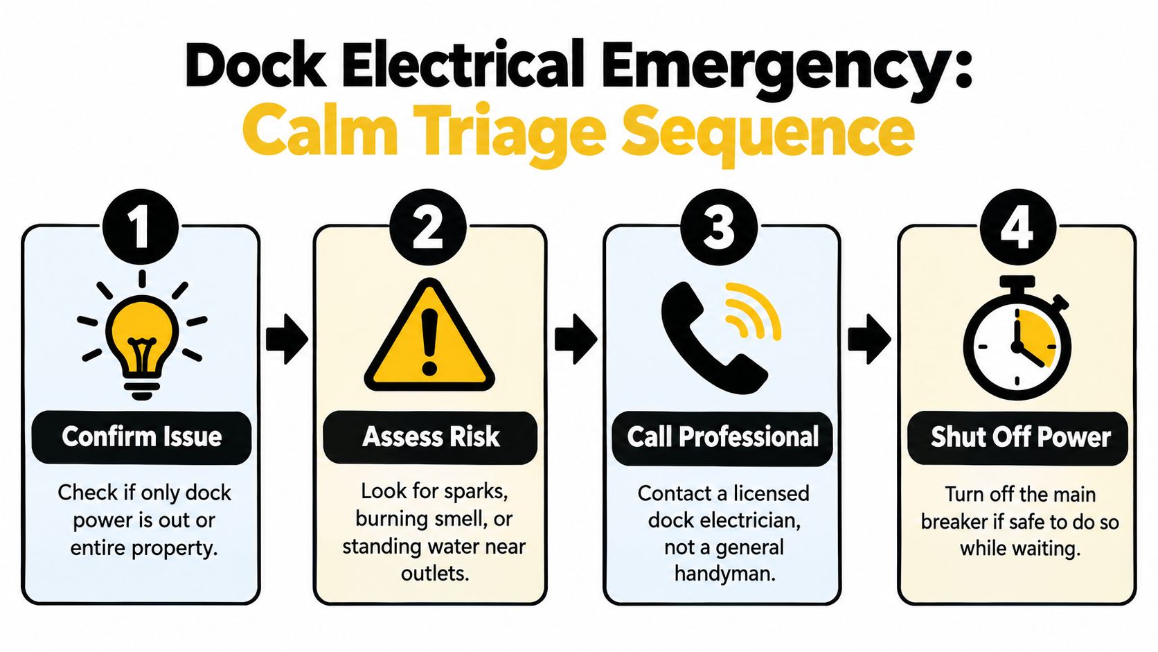 A four-step emergency procedure infographic for dealing with electrical issues on a boat dock.