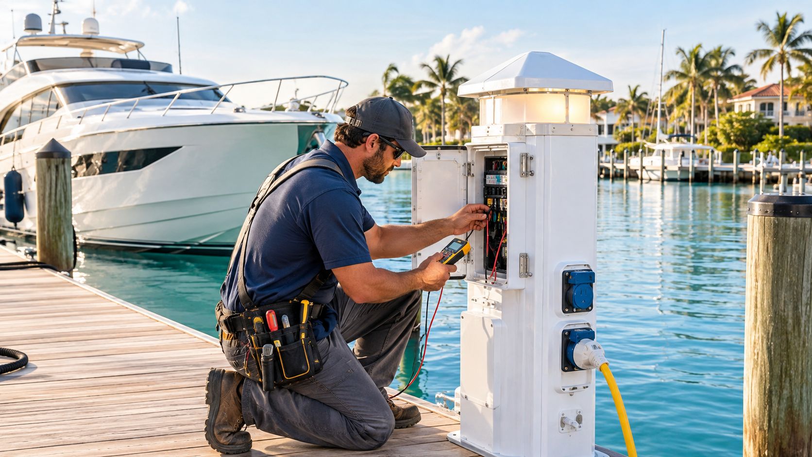 A professional electrician kneeling on a wooden dock, testing power pedestal wiring near a luxury yacht.