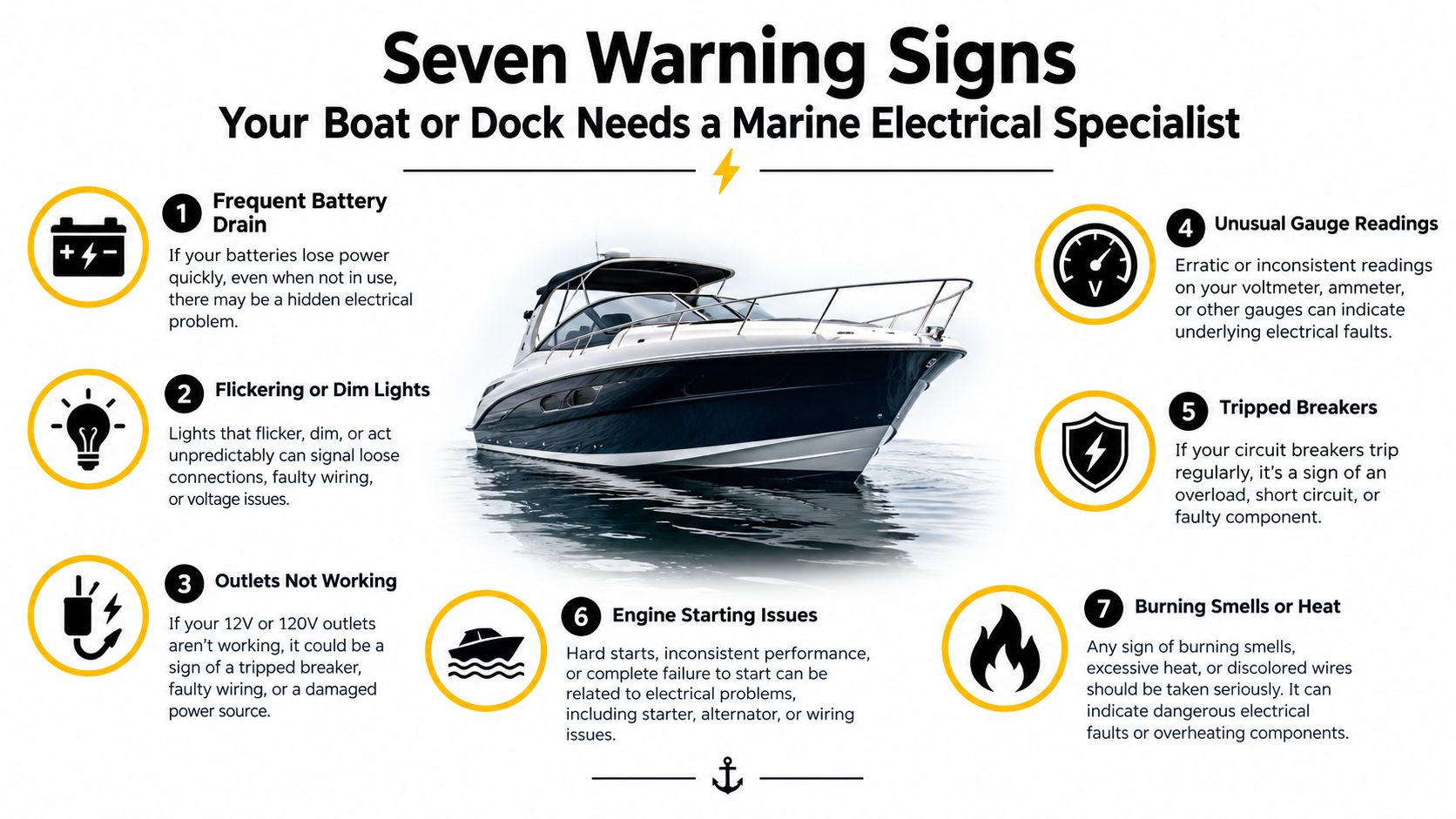 An infographic showing seven common warning signs indicating a boat needs a marine electrical specialist.