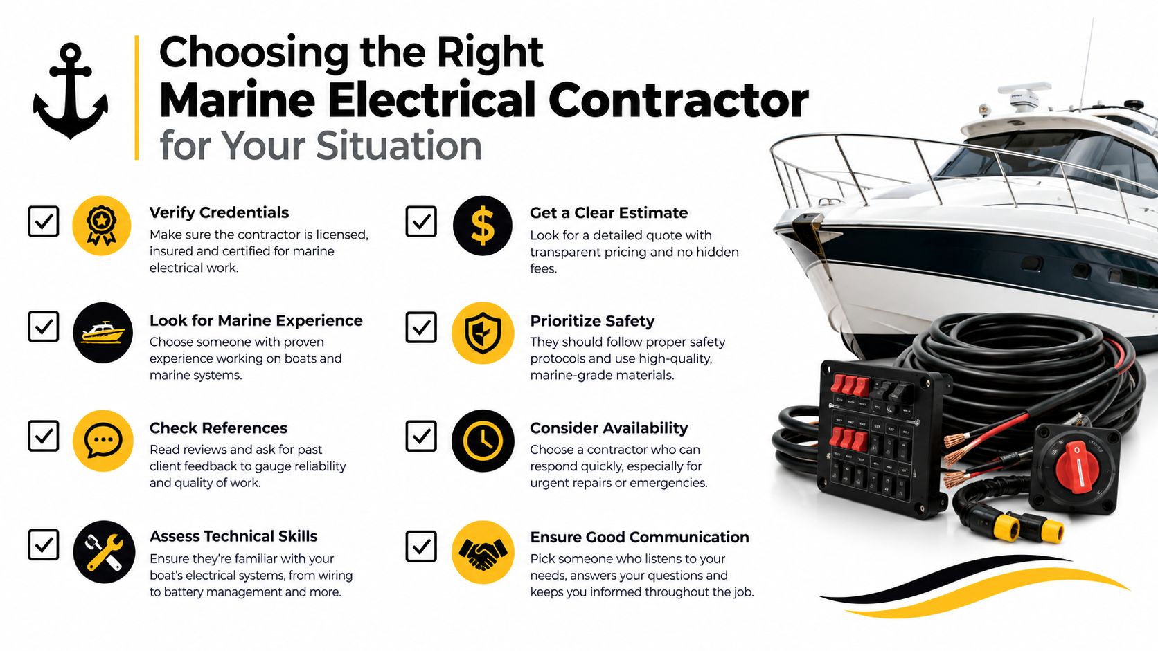 An infographic titled Choosing the Right Marine Electrical Contractor listing eight essential tips for boat owners.