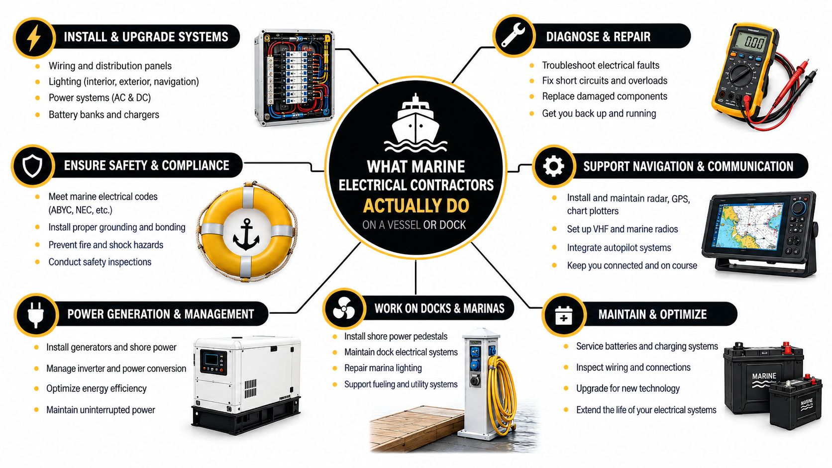 A comprehensive infographic illustrating the various services provided by professional marine electrical contractors for vessels and marinas.
